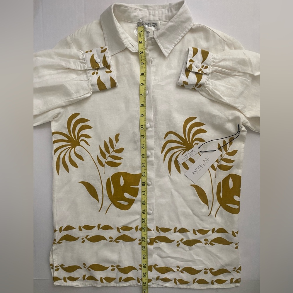 Rachel Zoe White Button-Up Shirt Gold Palm Leaf Print Size S NWT Linen Blend - Picture 10 of 12